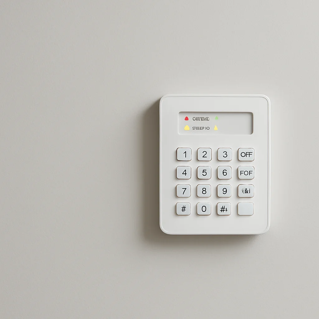 Alarm control panel keypad on a wall