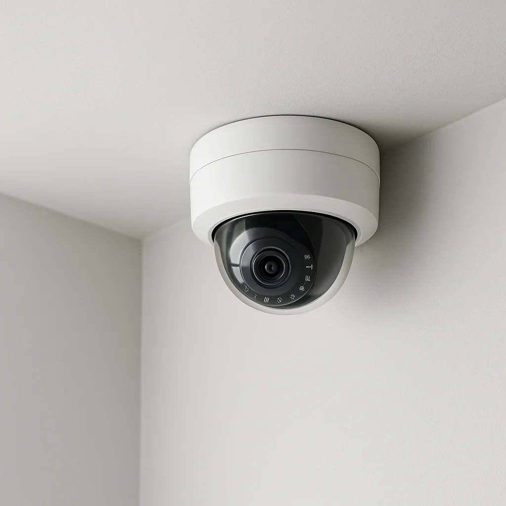 Dome security camera mounted on a ceiling